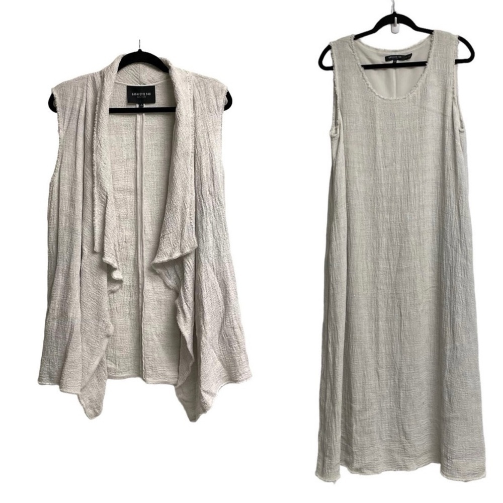 LAFAYETTE 148 NY 2 PC Linen Sleeveless Summer Dress and Draped Cardigan Tan L